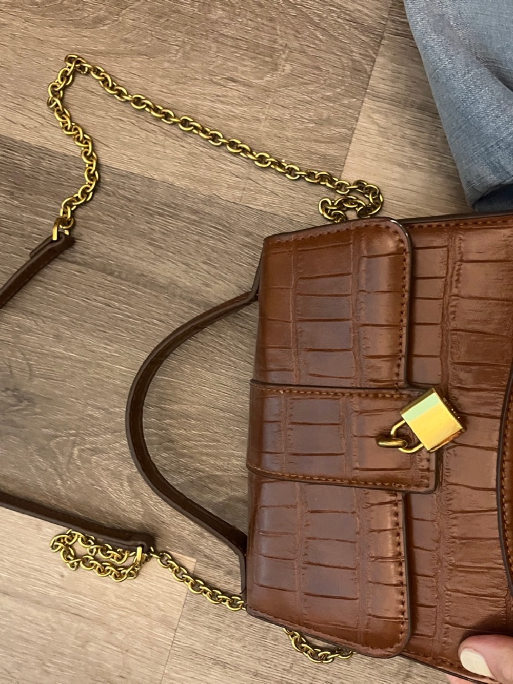 Mango Brown Croc-Embossed Top Handle Satchel with Gold Padlock - Picture 3 of 3